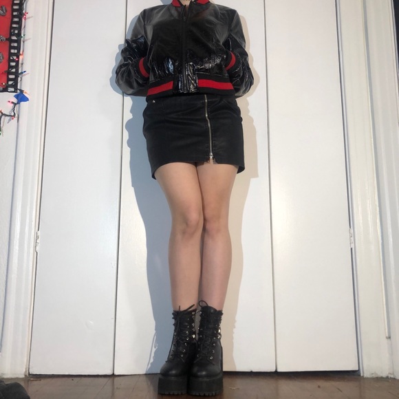 Black and Red Pleather Bomber Jacket - Picture 3 of 3